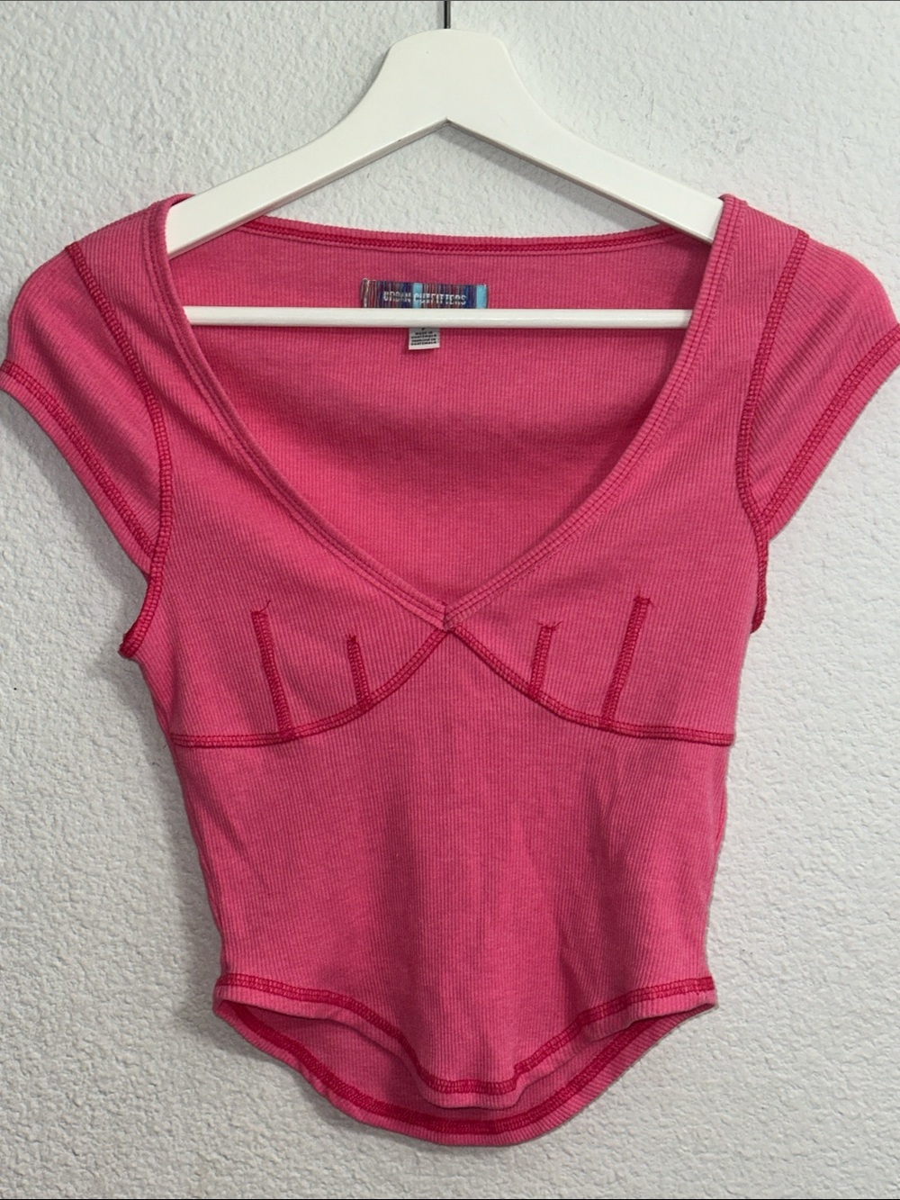 Pink Ribbed‎ Crop Top Deep V Neck Barbie Stretchy Urban Outfitters Womens Small